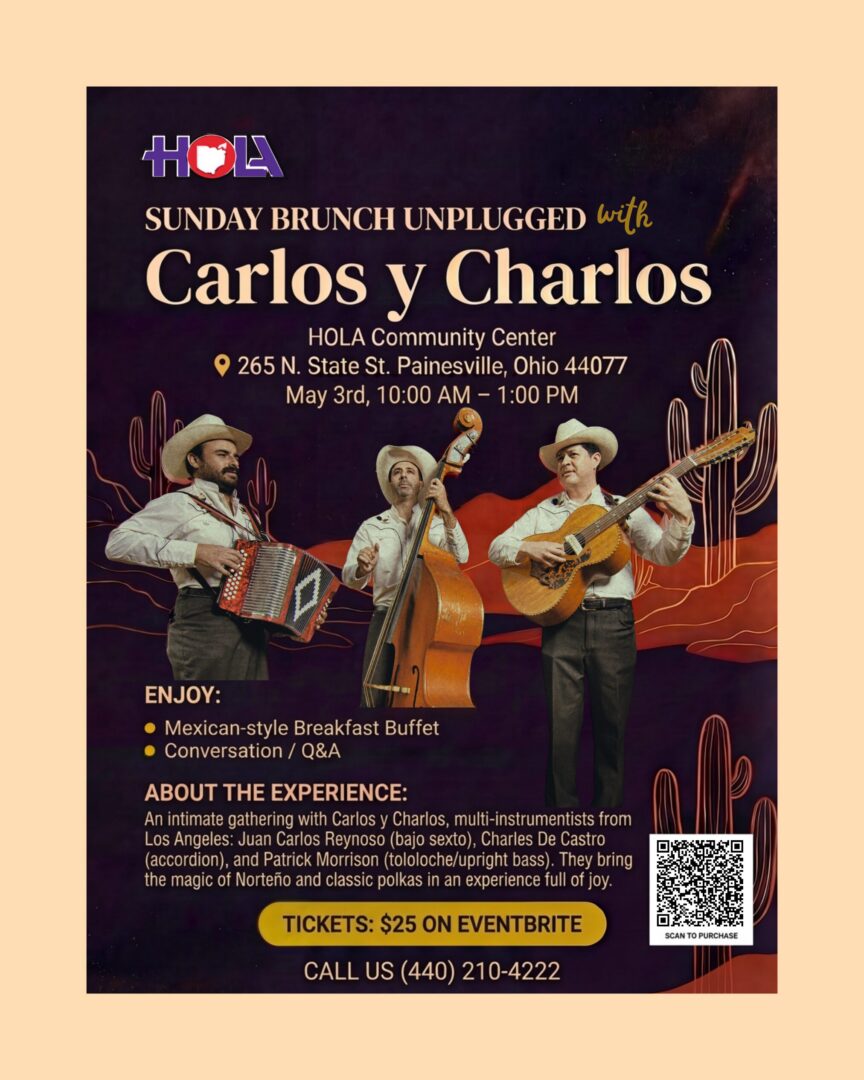 Three musicians playing instruments on event poster