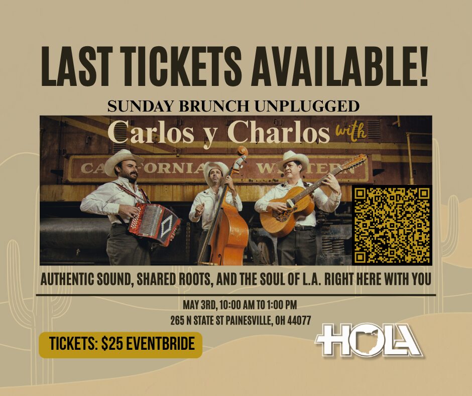 Concert poster: three musicians with accordion, bass, guitar